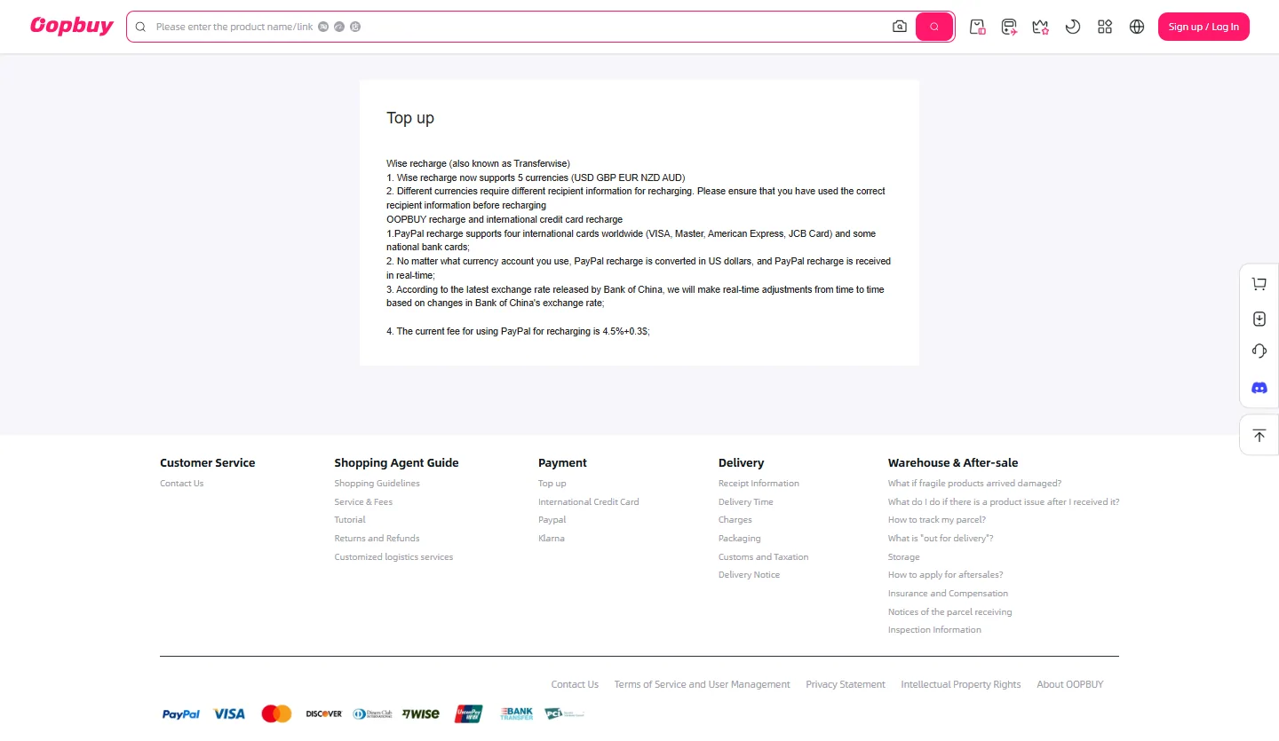 Aufladeseite des Betreibers mit Wise- und PayPal-Konditionen