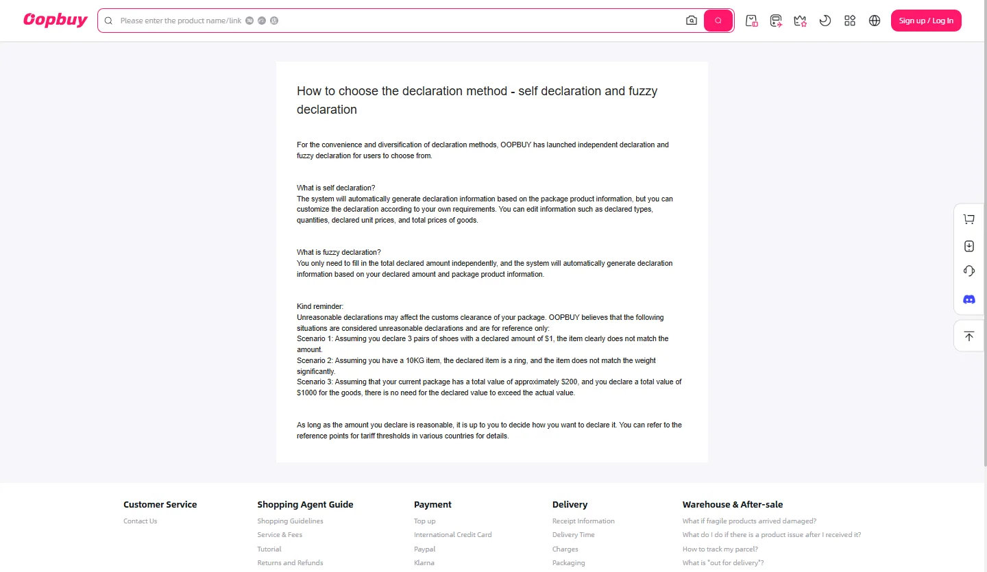 Hilfeseite zur Wahl der Deklarationsmethode mit Selbst- und unscharfer Deklaration