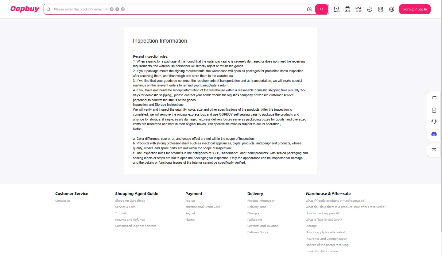 Inspektionsseite des Betreibers mit Empfangsregeln und Prüfumfang