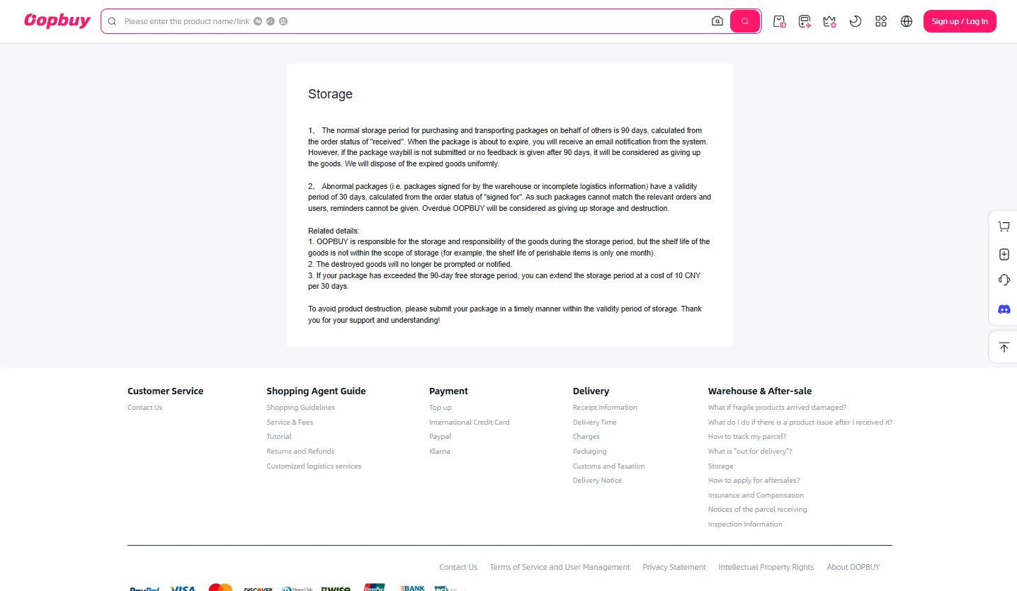 Storage-Seite mit Fristen für reguläre und auffällige Pakete