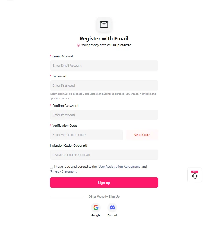 Registrierungsformular mit E-Mail, Passwort, Bestätigungscode und optionalem Einladungscode-Feld