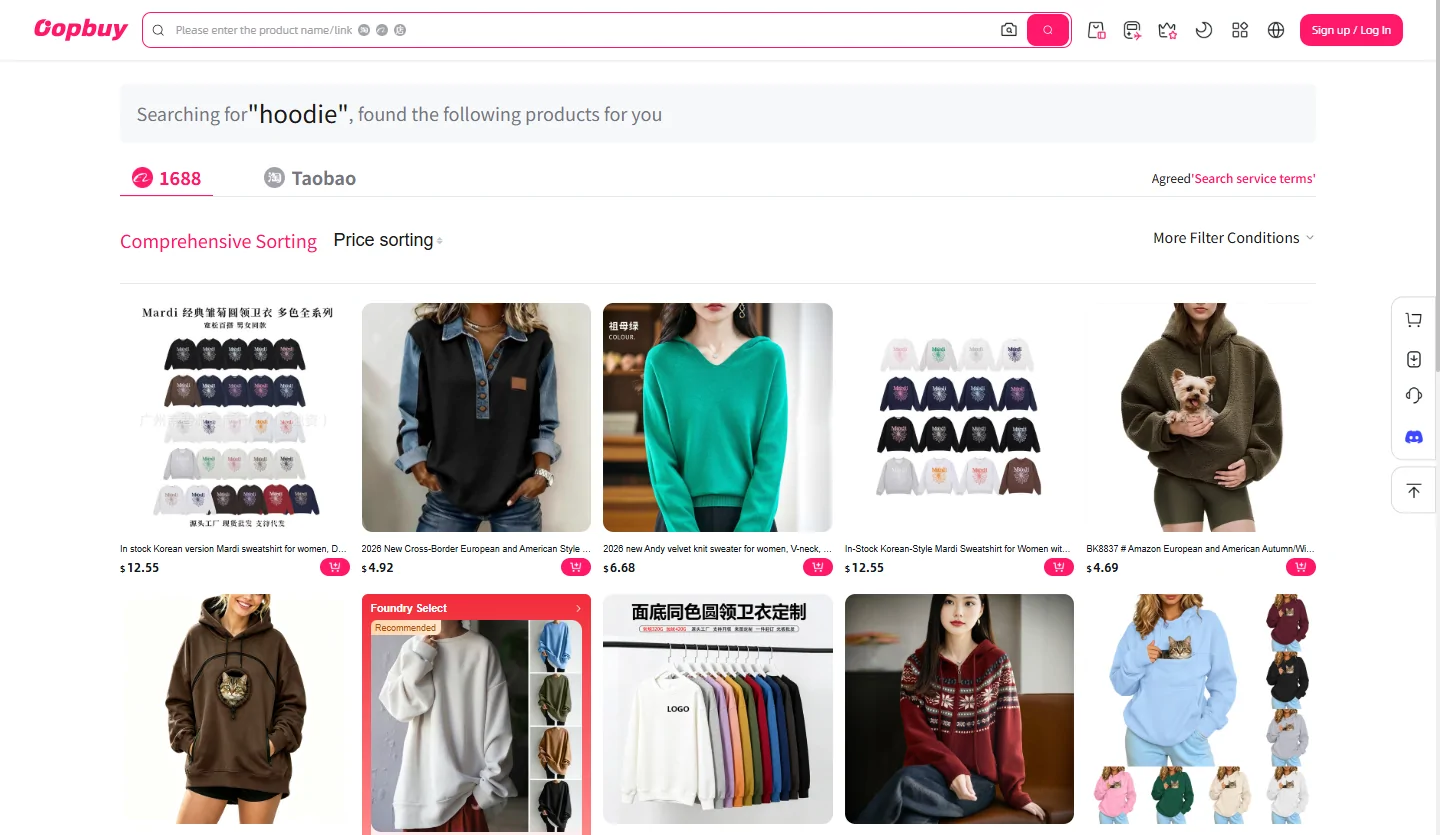 Offizielle Oopbuy-Produktsuche mit Suchfeld, Filtern und Produktkarten für Kleidung