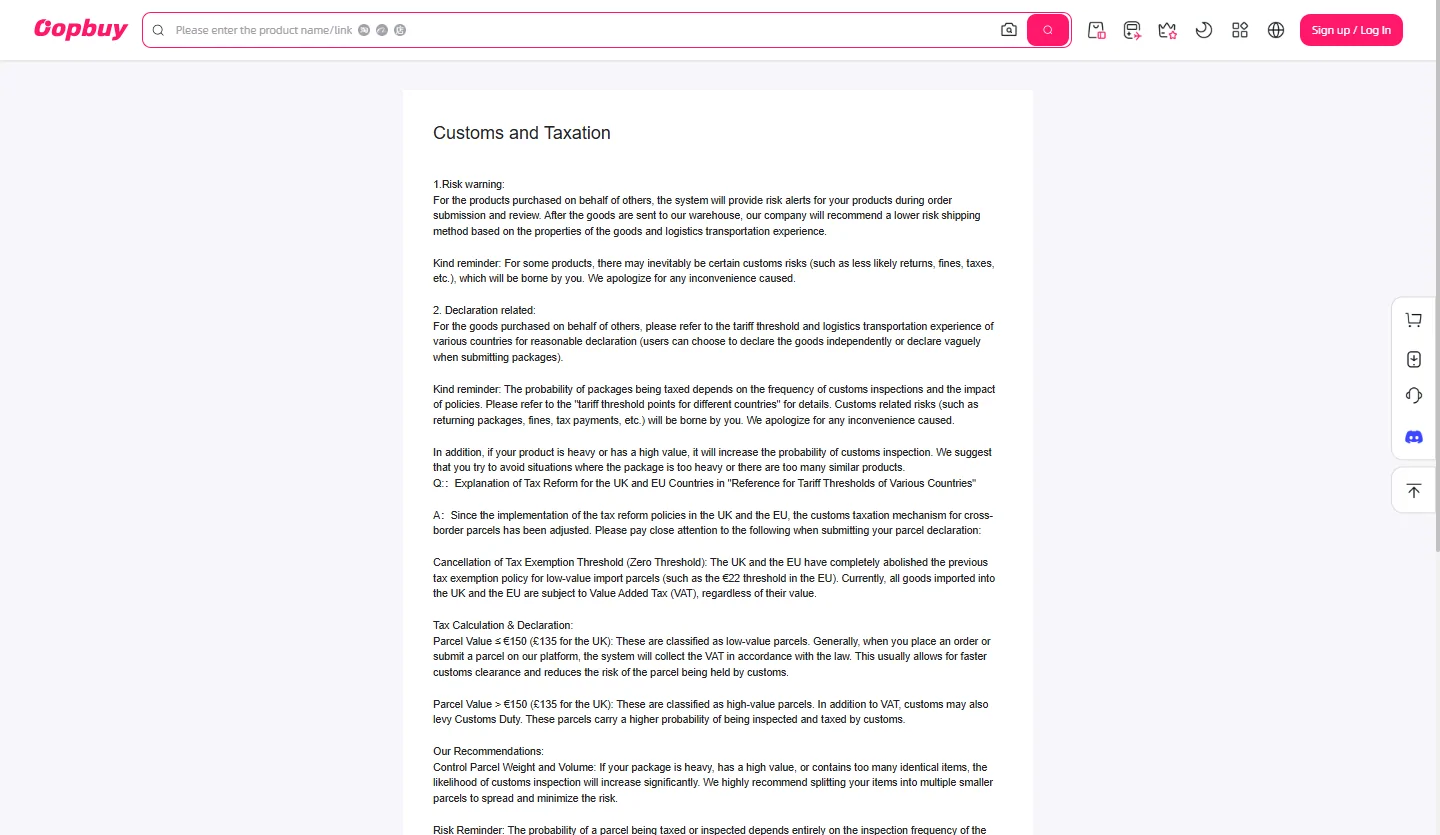 Zollseite des Betreibers mit Abschnitten zu Risikohinweis, Deklaration und EU-Steuerreform
